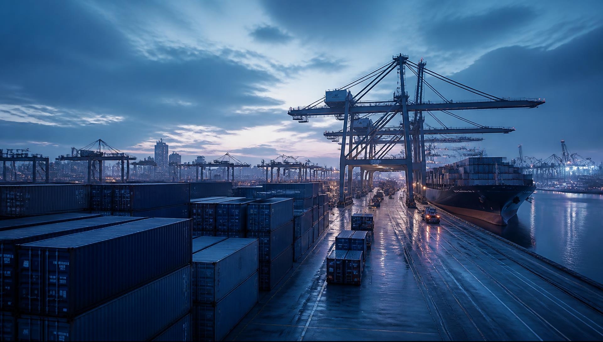 Terminal à conteneurs à l'aube, image d'illustration du secteur du transit et de la logistique